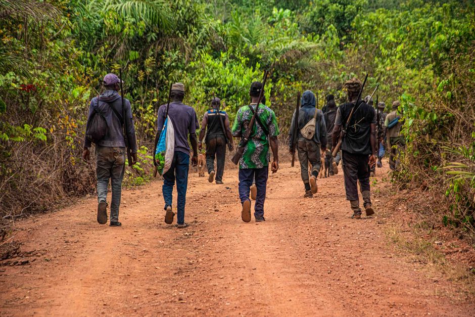 Group of people walking down a dirt road in a forest, carrying rifles and gear.