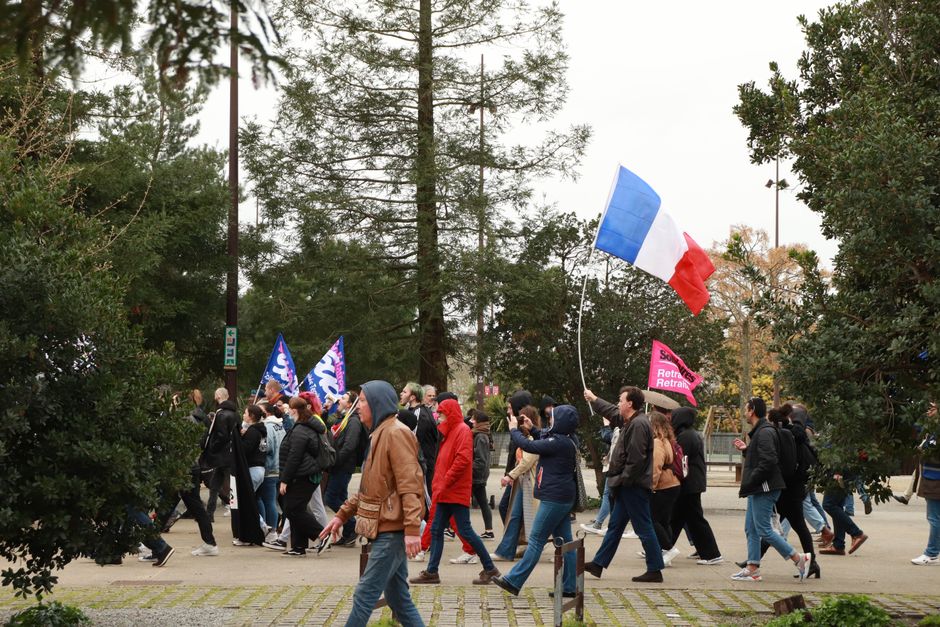 A group of people marching outdoors in a protest holding French flags, showcasing unity and movement.