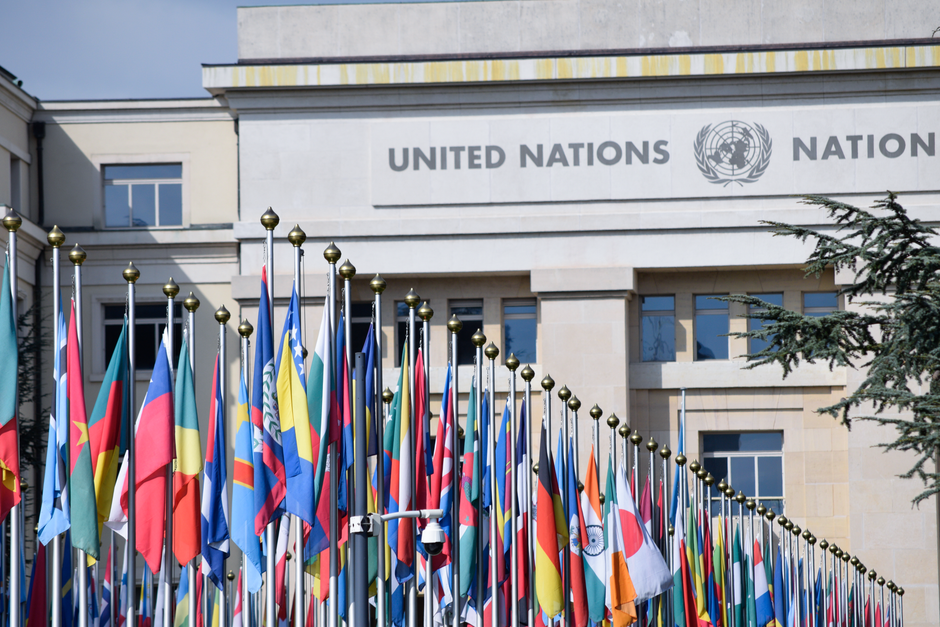 Colorful flags outside the United Nations office in Geneva, symbolizing global unity.