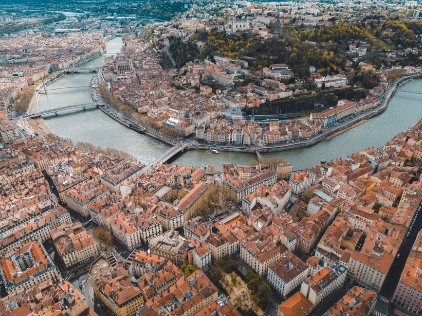 Stunning aerial shot capturing the rivers and historic architecture of Lyon, France.