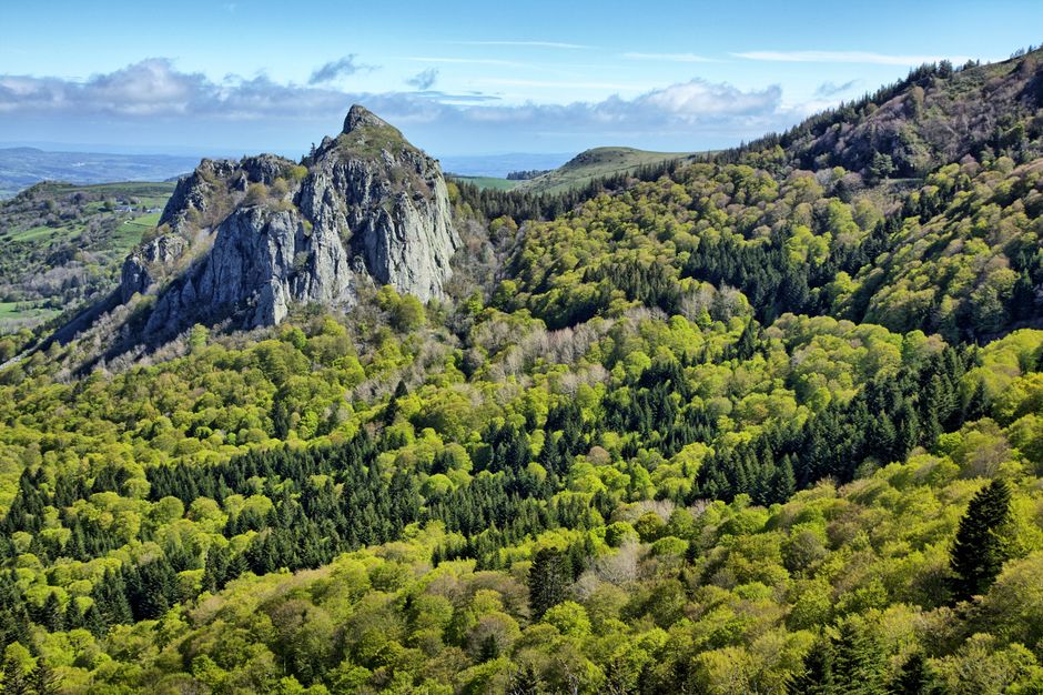 Aerial shot of lush green forest and rocky formations in Le Mont-Dore, France.