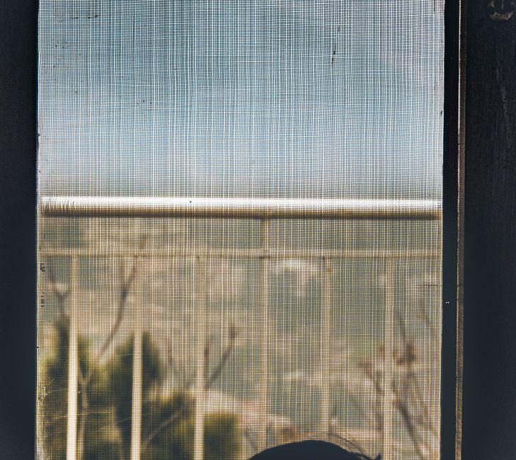 A minimalist view through a mesh screen showing railings outdoors.