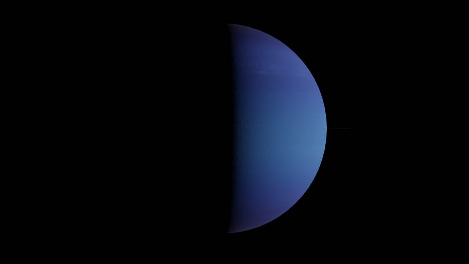 Half-lit Neptune against a black sky backdrop, showcasing its bluish hue.