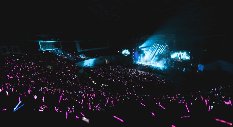 Exciting live concert with a massive audience and colorful light sticks creating vibrant energy.