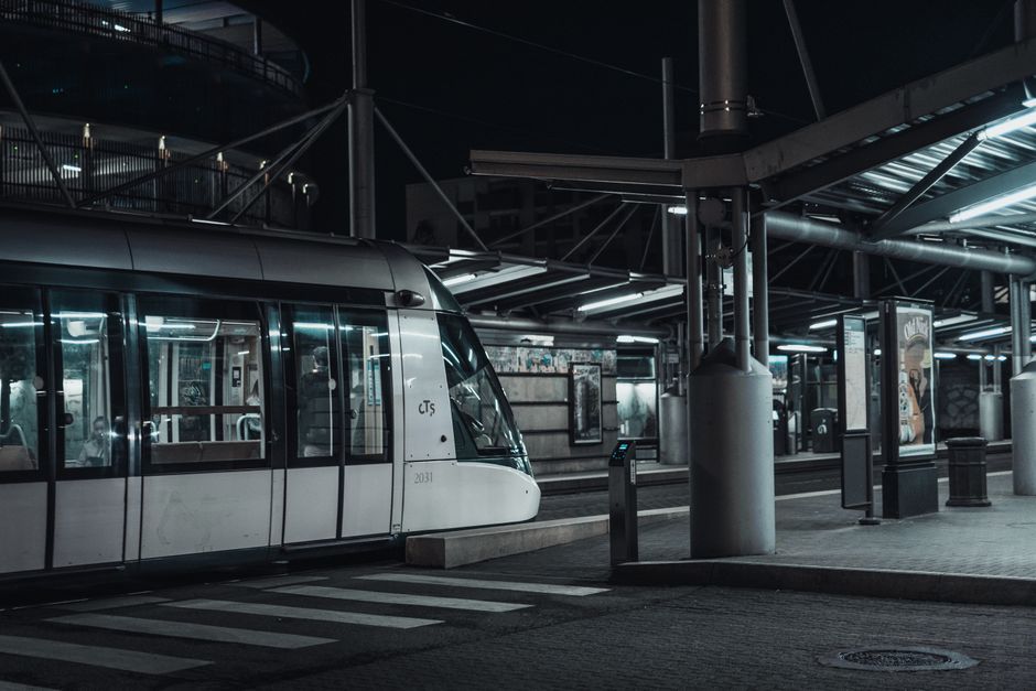 A modern tram station in Strasbourg, France, captured at night. Urban transportation and architecture.