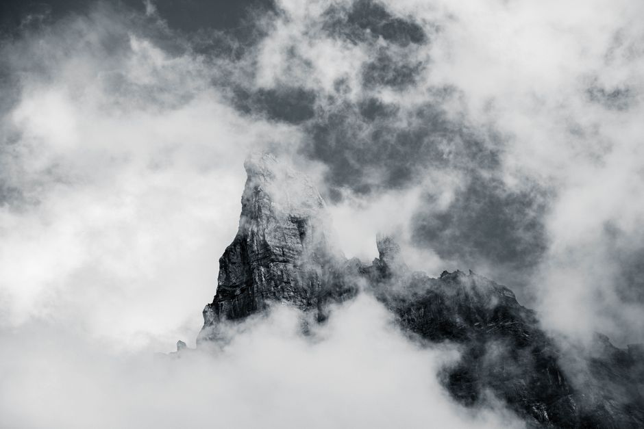 Eroded peaks shrouded in clouds at Sixt-Fer-à-Cheval, France.