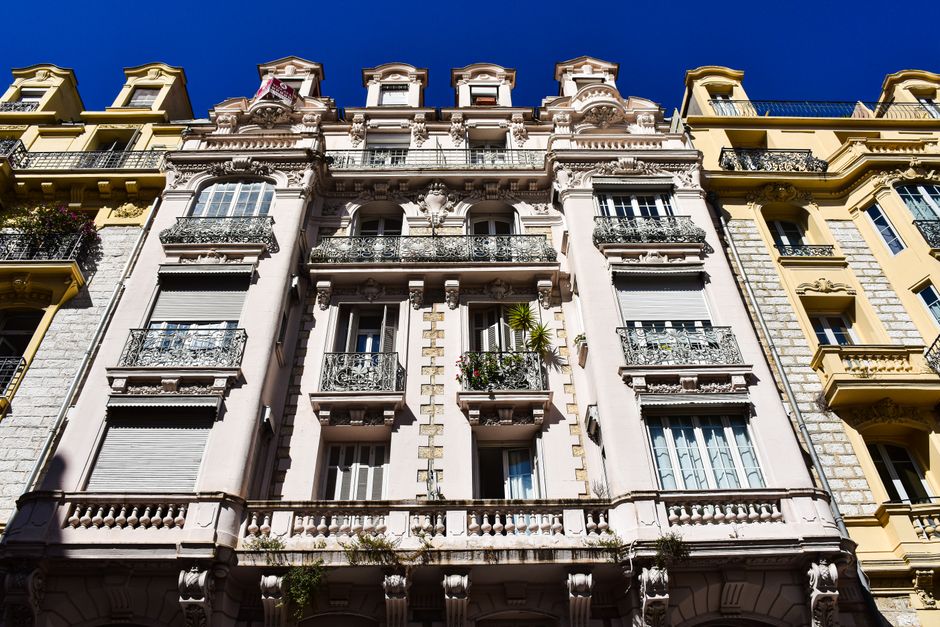 A stunning view of classic architectural detail on a historic building in Nice, Southern France.