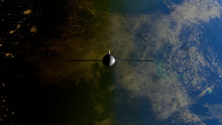 A satellite orbiting Earth showcasing contrasts between ocean and land from space.