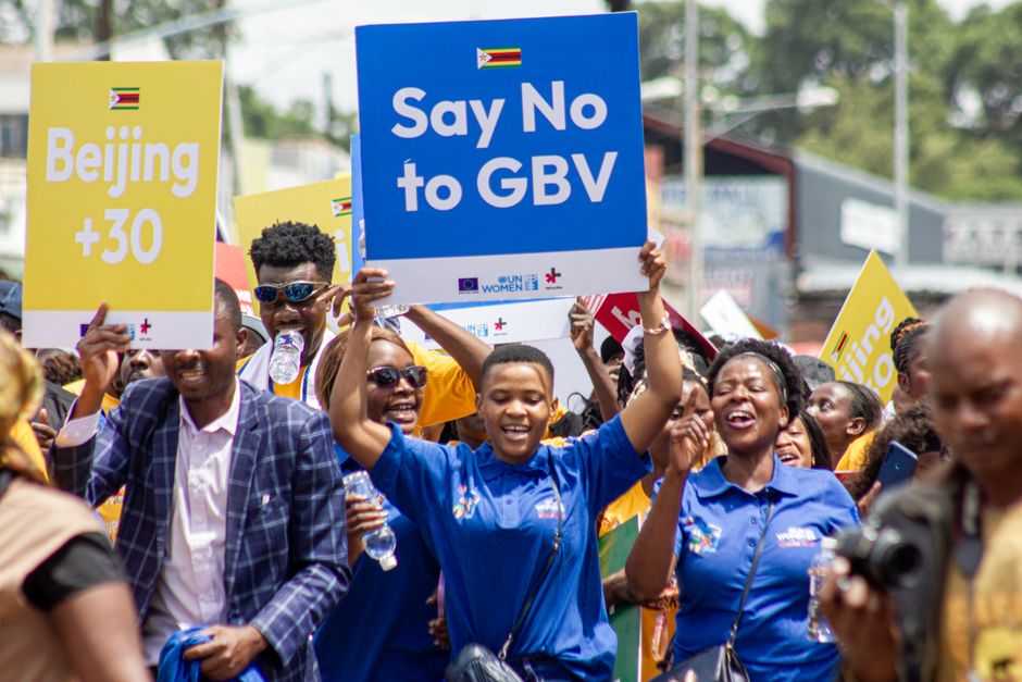 Activist rally in Harare, Zimbabwe advocating against gender-based violence.