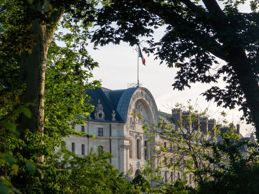 Elegant view of the Invalides building through lush trees in Paris, France.