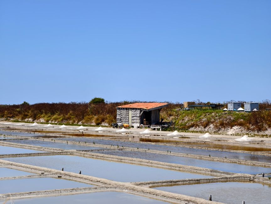 Scenic view of salt pans and rustic hut under clear blue skies in Ars-en-Ré, Nouvelle-Aquitaine, France.