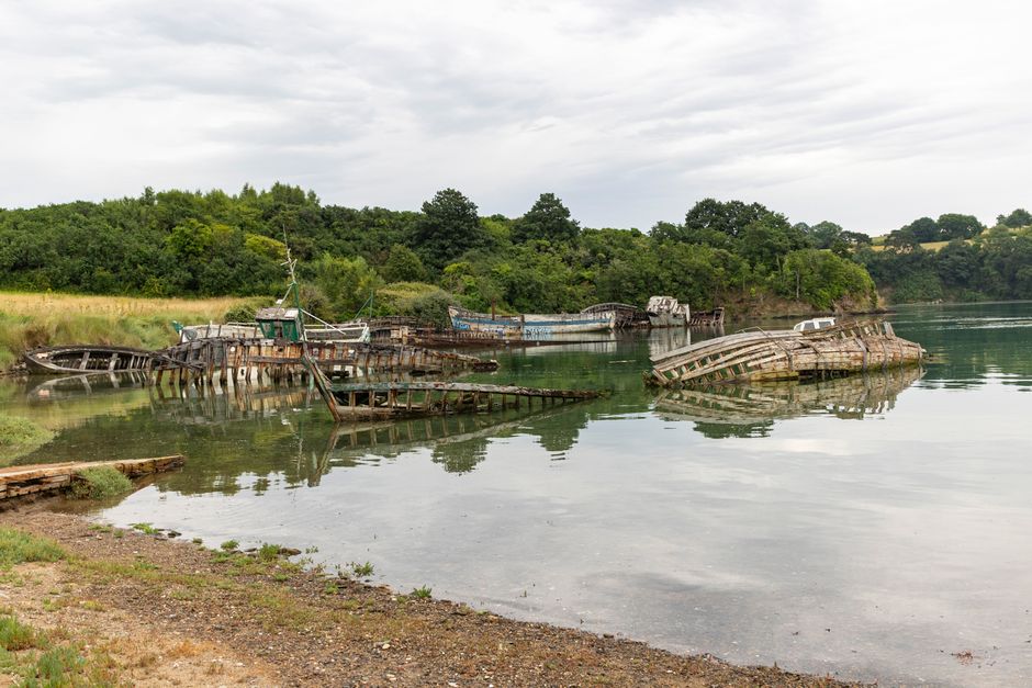 Photograph of abandoned shipwrecks in a quiet bay, surrounded by lush greenery.