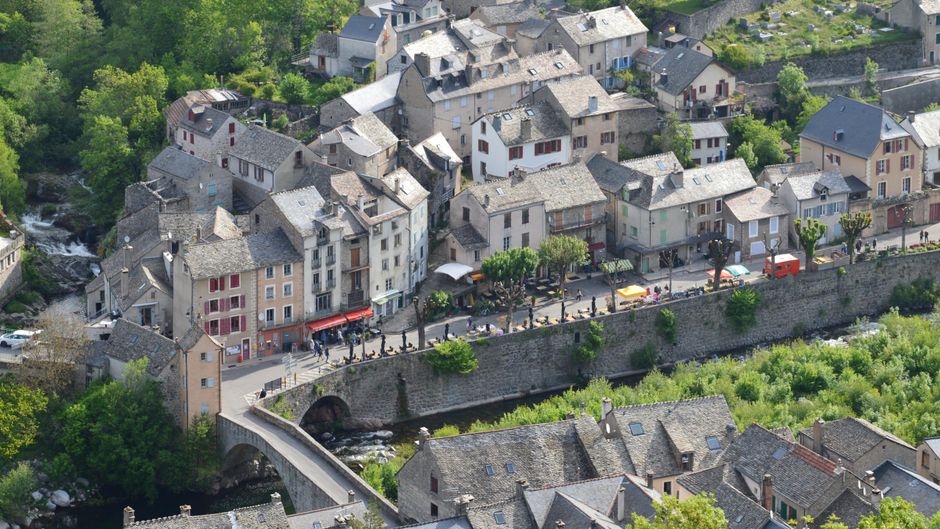 Charming aerial view of Pont de Montvert, a picturesque village in Occitanie, France.