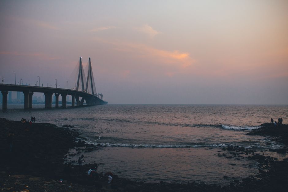 Stunning view of the Bandra-Worli Sea Link at sunset, capturing the bridge and Arabian Sea.