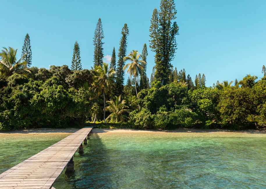 Scenic view of a tropical beach with a wooden jetty and lush greenery in New Caledonia.