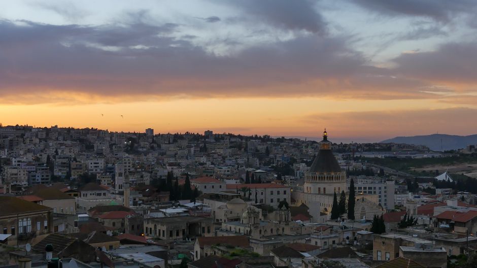 A stunning sunset over Nazareth showcasing the panoramic cityscape and iconic basilica.