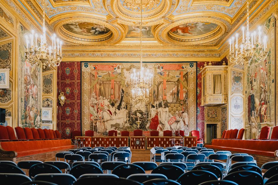 Luxurious interior with ornate decor in Rennes, Bretagne, France, showcasing historical art and design.