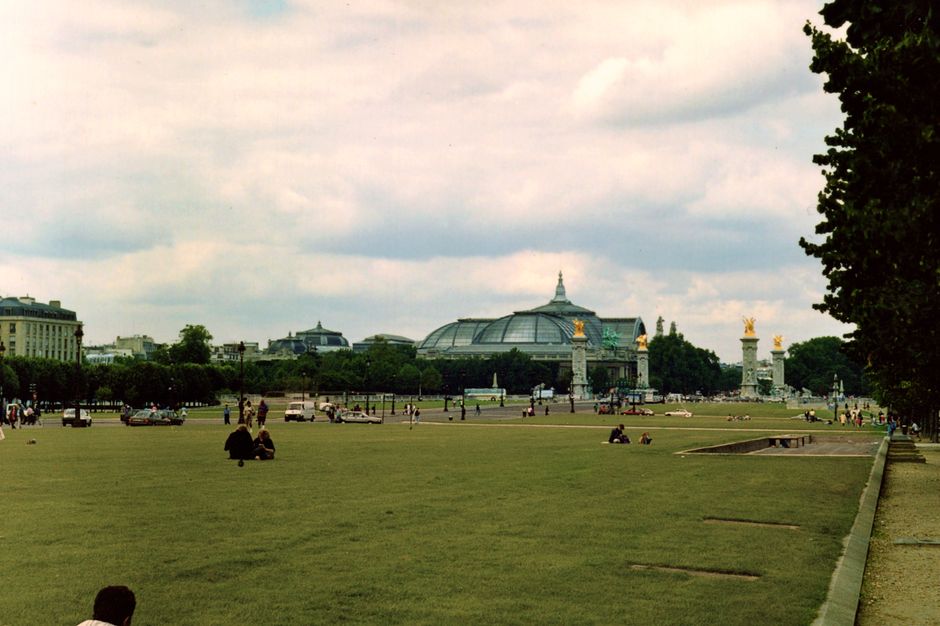View of Paris with Grand Palais and open park space under a cloudy sky.