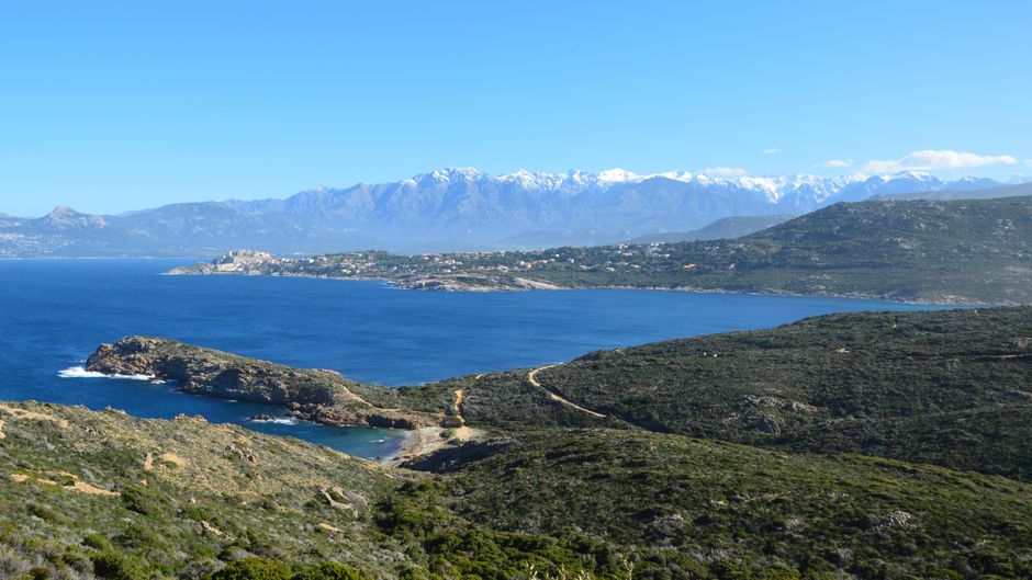 A breathtaking view of the coastline and mountains in Calvi, Corsica under clear blue skies.