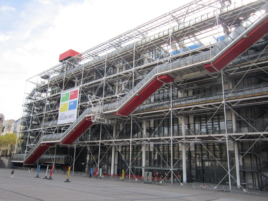 Exterior view of the iconic Centre Pompidou in Paris, showcasing its unique industrial architecture.