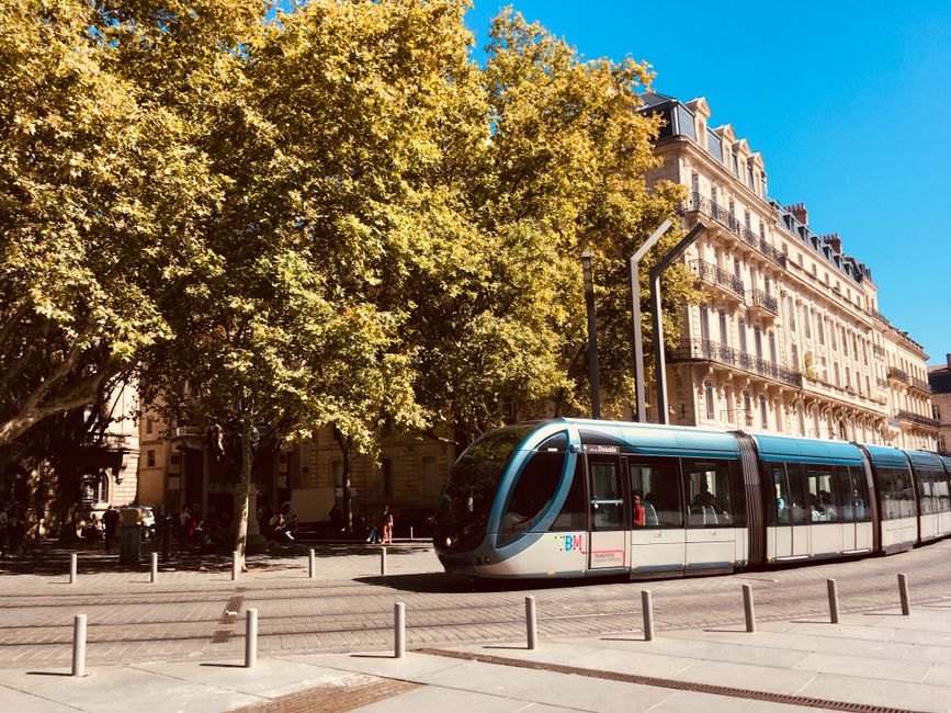 A sleek tram passes through the sunny streets of Bordeaux, surrounded by historic architecture and lush trees.