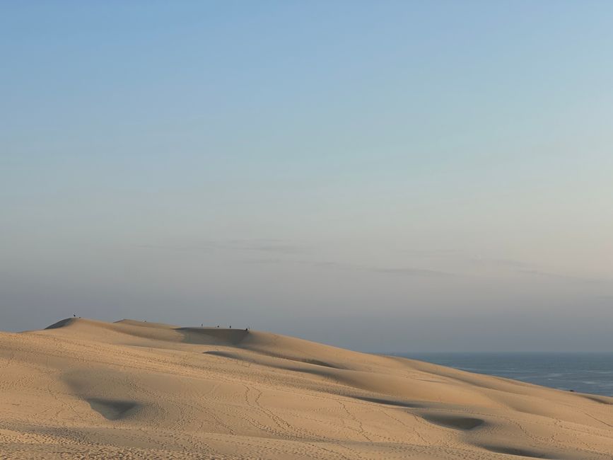 Tranquil view of expansive sand dunes meeting the horizon under a serene sunset sky by the Atlantic Ocean.
