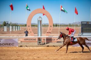 Horse racing event at Hippodrome Marrakech featuring jockey and horse in motion.