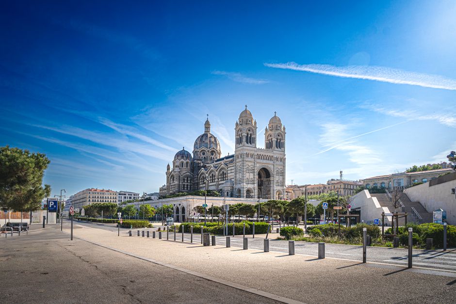 View of the Basilica of Notre-Dame de la Garde in sunny Marseille, France.