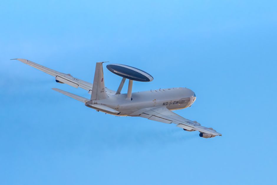 A Boeing AWACS military aircraft in flight above Albacete, Spain.
