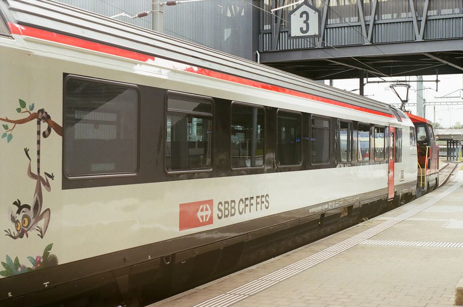 SBB CFF FFS train at a Swiss station platform with colorful lemur artwork.