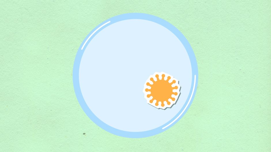 Top view of cutout paper composition of virus on round shaped cell on green background