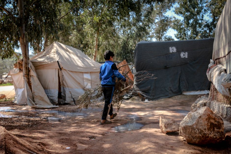 A young boy carries branches at a refugee camp in Idlib, Syria, under a bright sky.