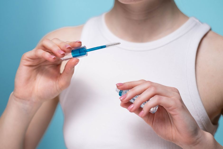 A close-up shot of a woman in a white top applying clear eyebrow gel with a blue wand.