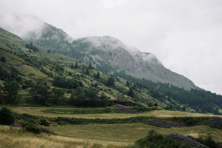Serene misty mountain landscape in Le Monêtier-les-Bains, France capturing tranquility.